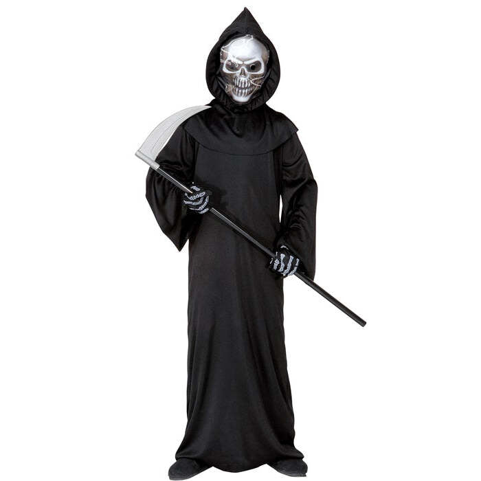 Grim Reaper  Robe, Hooded Holographic Skull Mask, Bone Gloves 