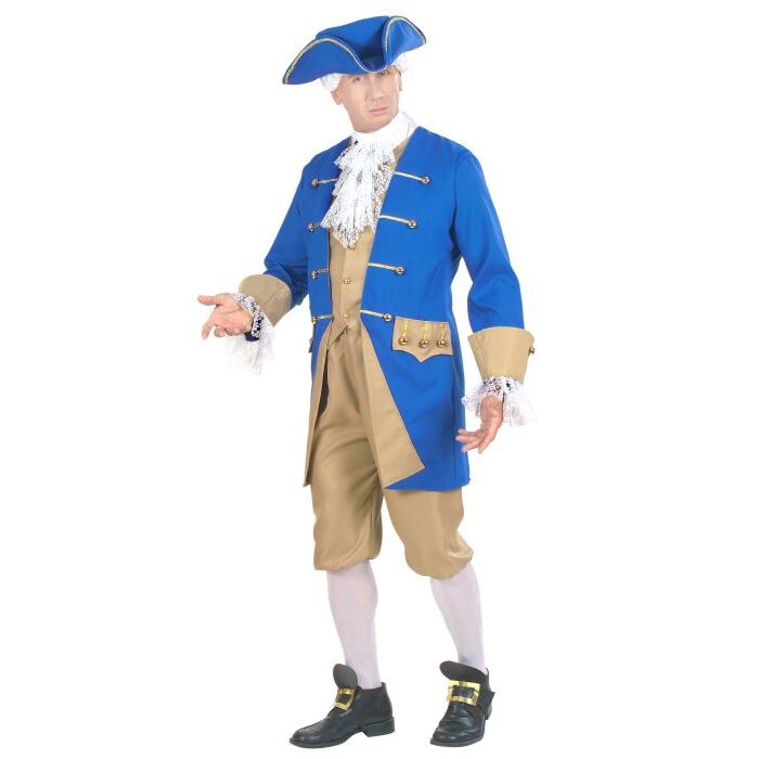Colonial Man  Jacket With Vest, Jabot, Pants, Hat, Shoe Buckles 