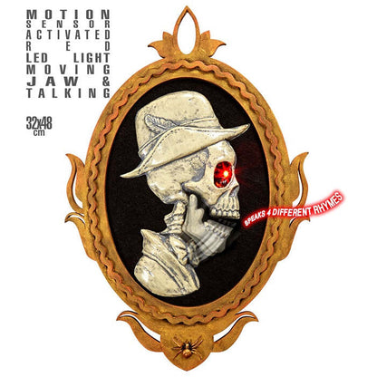 Motion Sensor Activated Red Led Light Blinking Eye With Moving Jaw Animated & Talking Butler'S Skull Painting With Frame 32X48 Cm - Speaks 4 Different Rhymes