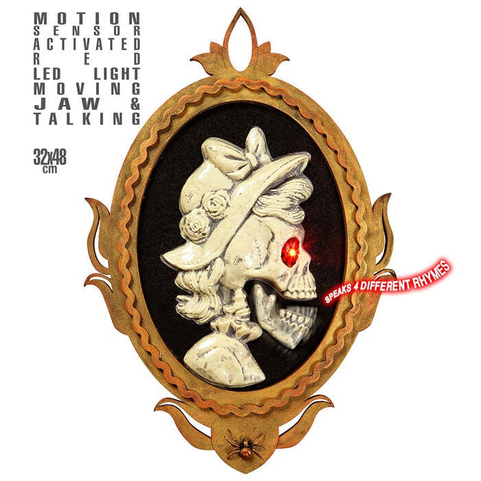 Motion Sensor Activated Red Led Light Blinking Eye & Moving Jaw Animated Milady'S Skull Painting With Frame 32X48 Cm - Speaks 4 Different Rhymes