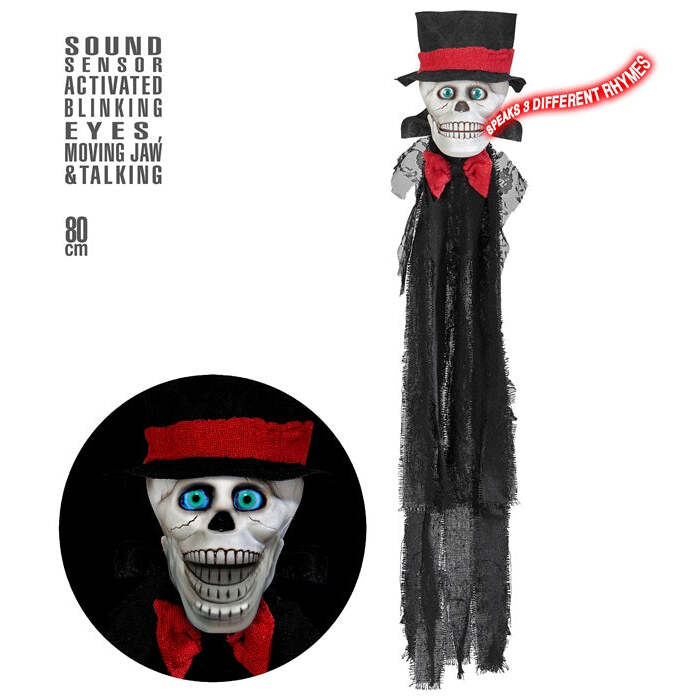 Sound Sensor Activated Blinking Eyes & Moving Jaw Talking Animated Groom'S Skull 80 Cm - Speaks 3 Different Rhymes