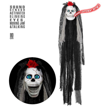 Sound Sensor Activated Blinking Eyes & Moving Jaw Talking Animated Bride'S Skull 80 Cm - Speaks 3 Different Rhymes