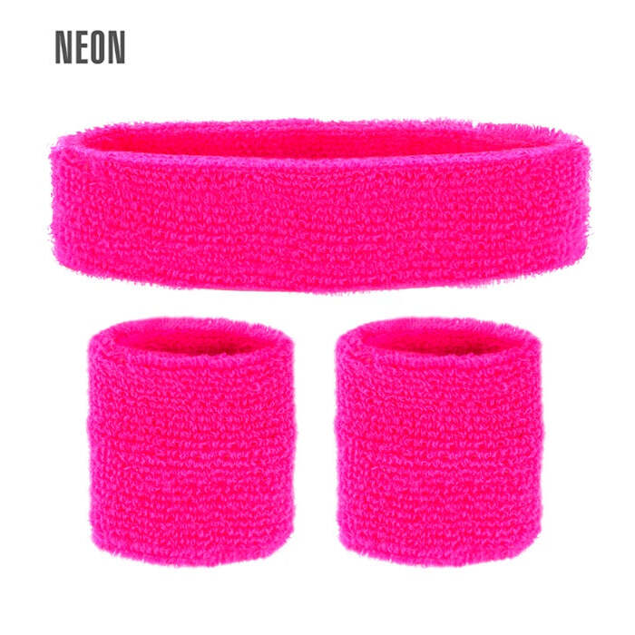 Neon Pink Sweatbands Set  Headband And 2 Wristbands 
