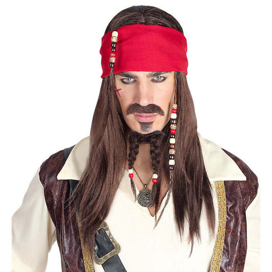 Pirate Of The Caribbean Wig With Bandana, Moustache & Beaded Goatee