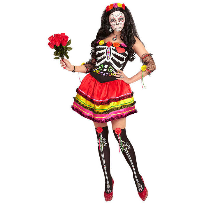 Mujer Dia De Los Muertos  Dress, Fingerless Gloves, Thigh Highs, Headpiece With Veil 