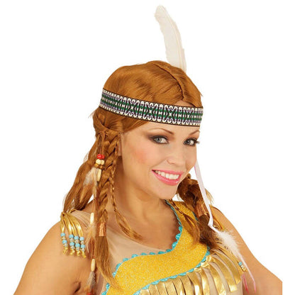 Chippewa Indian Wig With Plaits, Beads, Headband And Feathers In Box
