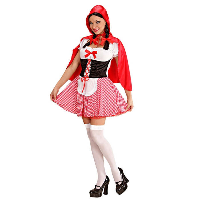Red Capelet  Dress With Sewn-In Petticoat, Corset, Apron, Hooded Capelet 