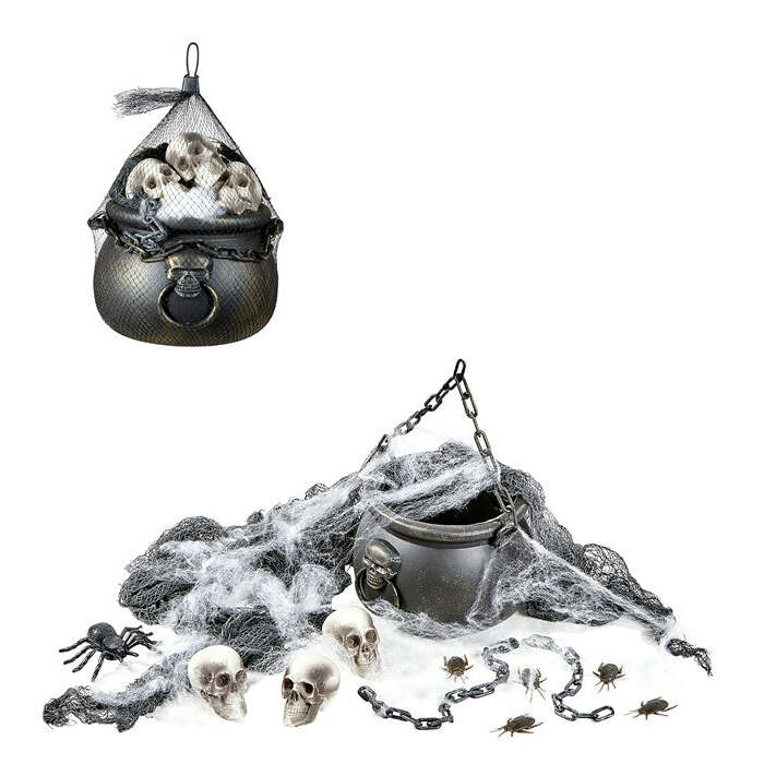 Halloween Decorative Set  Cauldron, 3 Skulls, Spiderweb & Spider, Chain And Freaky Fabric 