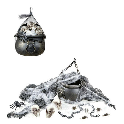 Halloween Decorative Set  Cauldron, 3 Skulls, Spiderweb & Spider, Chain And Freaky Fabric 