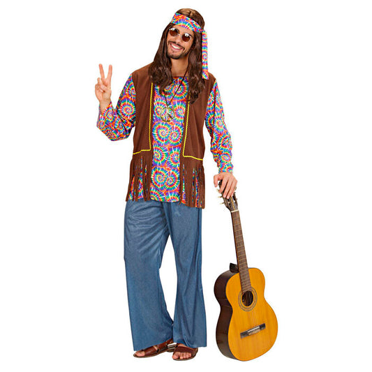 Psychedelic Hippie Man  Shirt With Vest, Pants, Headband, Necklace 