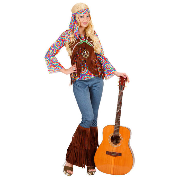 Psychedelic Hippie Woman  Shirt With Vest, Pants, Headband, Necklace 