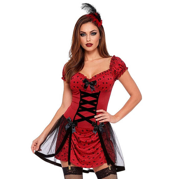 Cabaret Girl  Dress With Attached Garters, Hair Comb With Feathers 