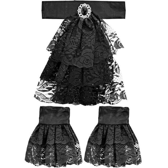 Lace Jabot With Gem & Cuffs