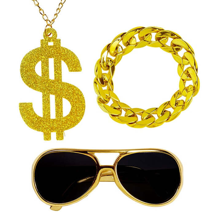 Pimp  Gold Sunglasses,  Gold Dollar Necklace, Gold Bracelet 