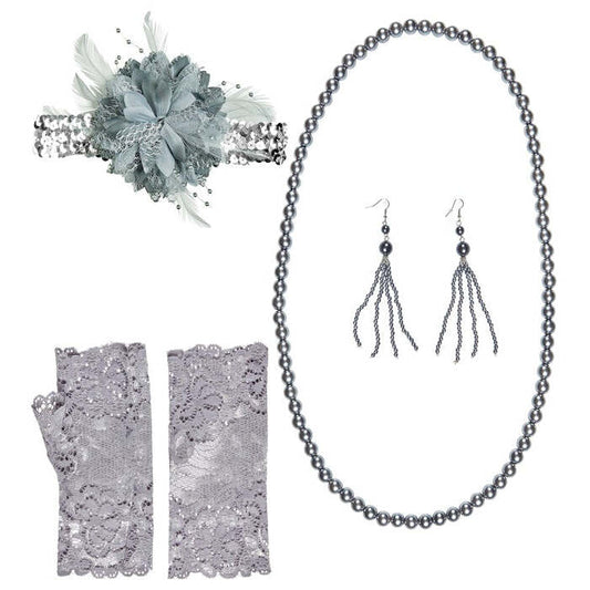 Roaring 20S Flapper  Sequin Headband With Flower, Pair Of Beaded Earrings, Beaded Necklace, Pair Of Fingerless Lace Gloves 