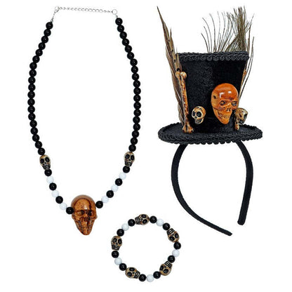 Voodoo Priest  Mini Top Hat, Beaded Skulls Necklace, Beaded Skulls Bracelet 