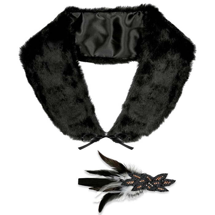 Roaring 20S Flapper  Faux Fur Stole, Sequin & Feathers Headpiece 