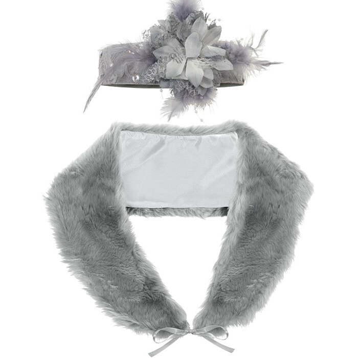 Roaring 20S Flapper  Faux Fur Stole, Lace Headpiece With Flower 