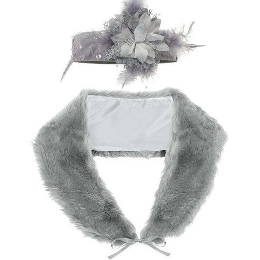 Roaring 20S Flapper  Faux Fur Stole, Lace Headpiece With Flower 