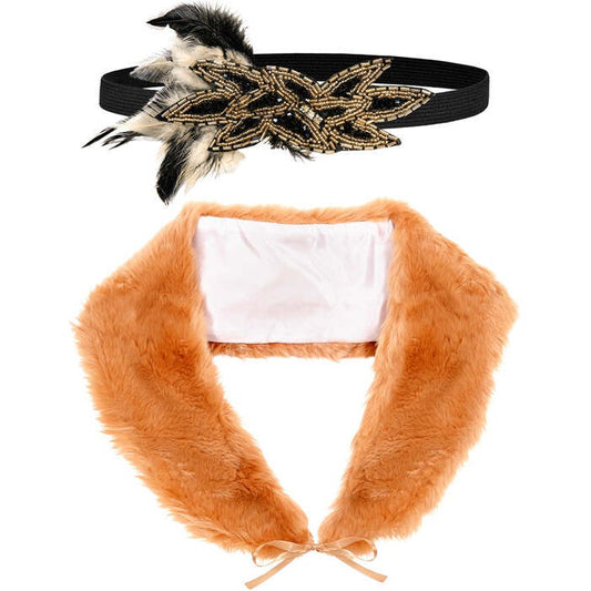 Roaring 20S Flapper  Faux Fur Stole, Sequin & Feathers Headpiece 