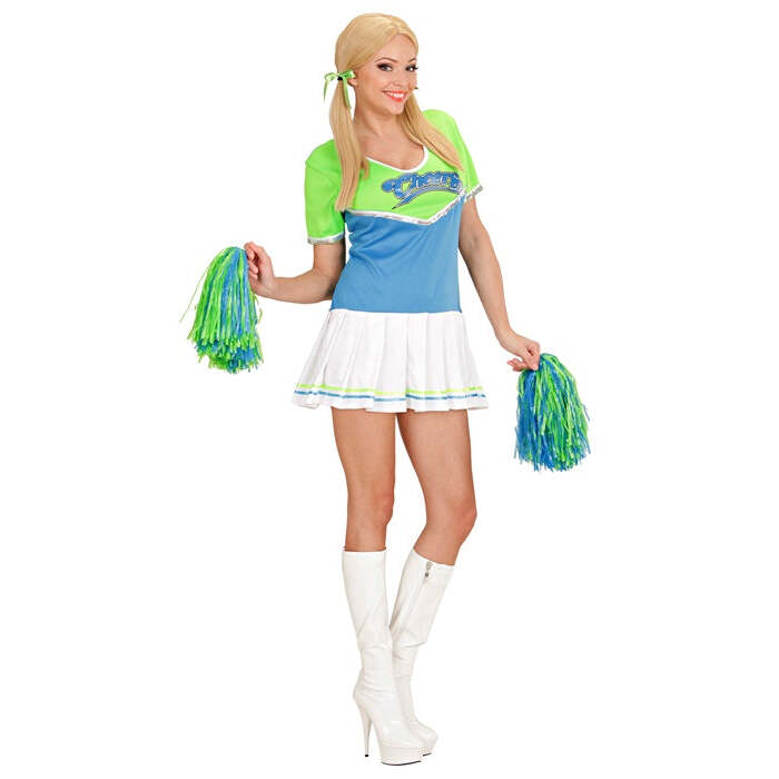 Cheerleader Green/Light Blue  Dress, 2 Pom Poms 