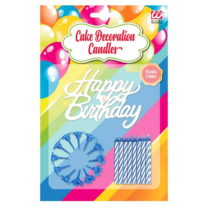 Set Of 16 Happy Birthday Cake Decoration Candles & Holders Blue