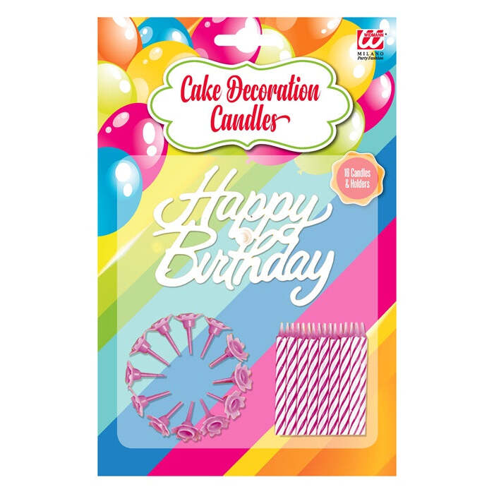 Set Of 16 Happy Birthday Cake Decoration Candles & Holder Pink