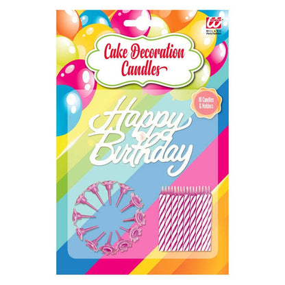 Set Of 16 Happy Birthday Cake Decoration Candles & Holder Pink