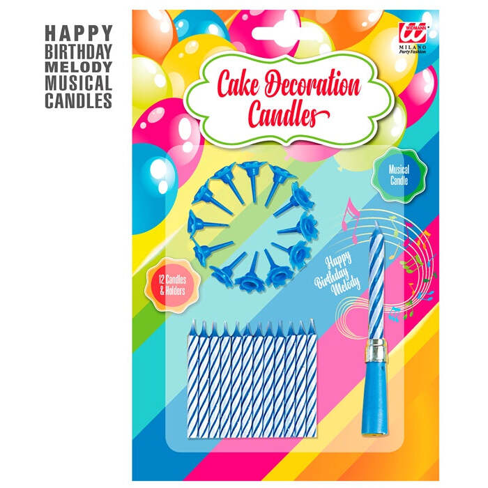 Set Of 12 Candles & Holders + 1 Musical Candle Blue