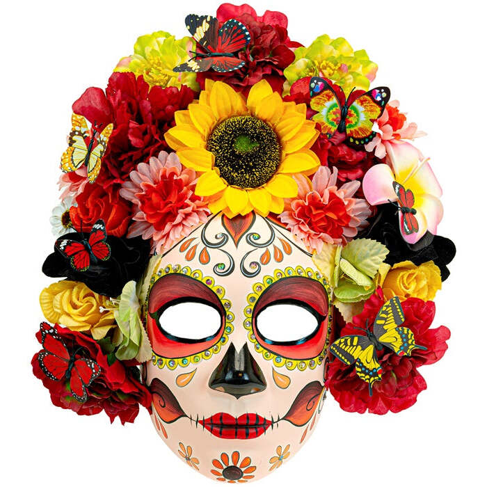 Dia De Los Muertos Mask With Sunflower & Colored Flowers