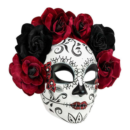 Dia De Los Muertos Mask With Black & Burgundy Roses