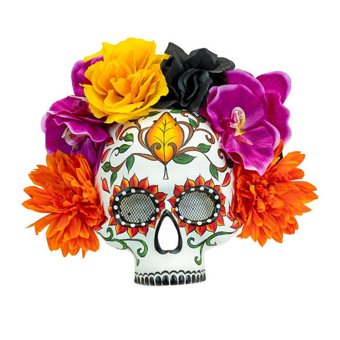 Dia De Los Muertos Skull Mask With Colored Flowers