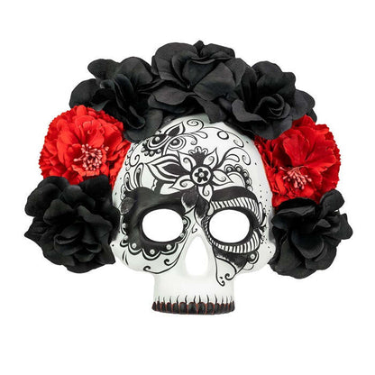 Dia De Los Muertos Skull Mask With Black & Red Roses