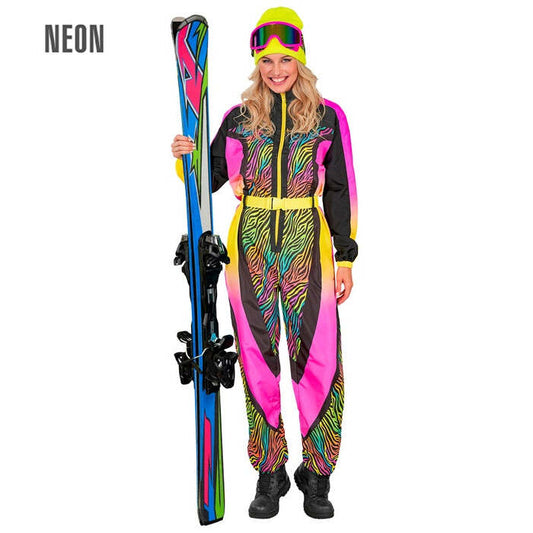 “Neon Multicolor Animalier Zebra Ski Suit  Overalls, Belt 