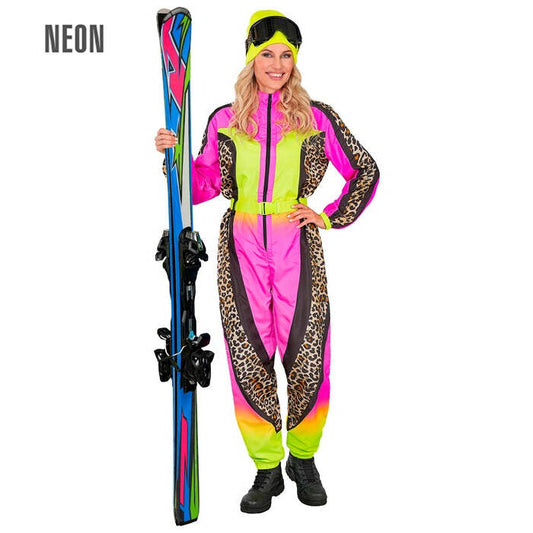 “Neon Pink-Yellow Animalier Leopard Ski Suit  Overalls, Belt 
