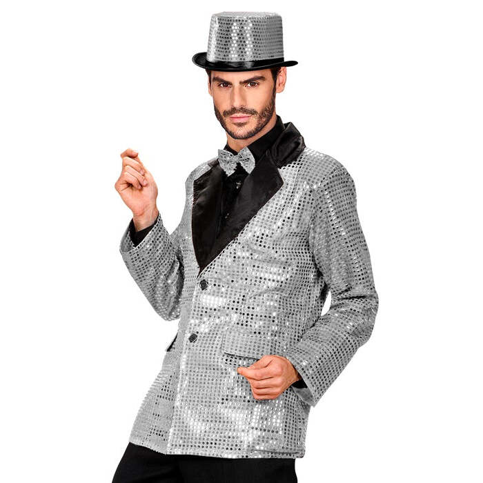 Silver Sequin Jacket With Satin Collar