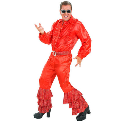 Red Satin Pants With 3 Layer Holographic Sequins And Red Velvet Beltwith Holographic Sequins & Silver Buckle