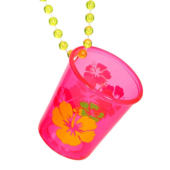 Neon Pink Hibiscus Shot Glass Beaded Necklace