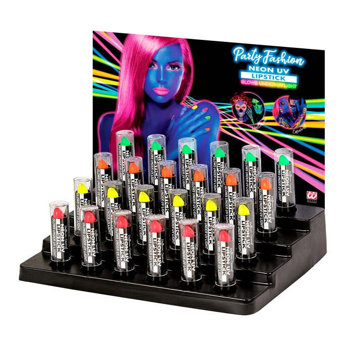 Display Box Of 24 Neon Lipsticks 6 Ml -  6 Each Of Neon Pink, Neon Yellow, Neon Green, Neon Orange 