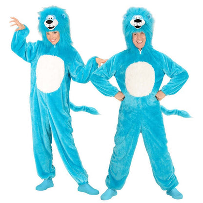 Azure Lion In Soft Plush  Hooded Jumpsuit With Mask 