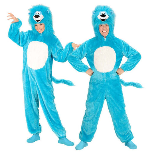 Azure Lion In Soft Plush  Hooded Jumpsuit With Mask 