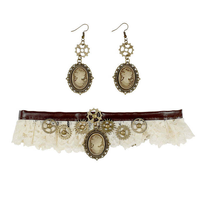 Steampunk Lace Choker & Cameo Earrings