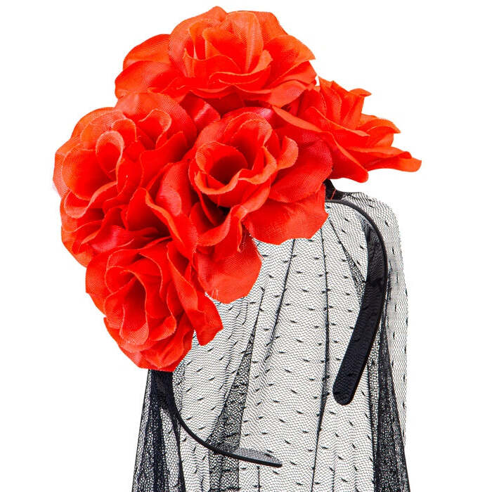 Black Veil With Red Roses Headpiece