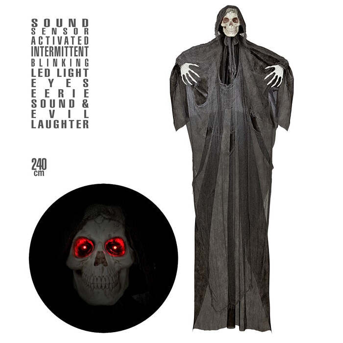 Sound Sensor Activated Grim Reaper With Intermittent Blinking Led Light Eyes, Eerie Sounds & Evil Laughter 240 Cm 