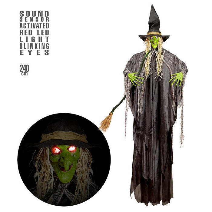 Witch With Broom & Intermittent Blinking Red Led Light Eyes  240 Cm 