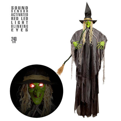 Witch With Broom & Intermittent Blinking Red Led Light Eyes  240 Cm 