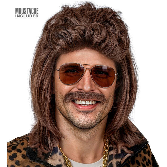 Wig With Moustache Mullet Brown In Box
