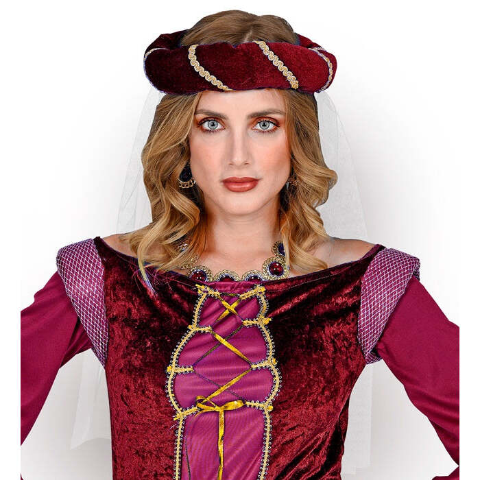 Burgundy Medieval Headdress With Veil