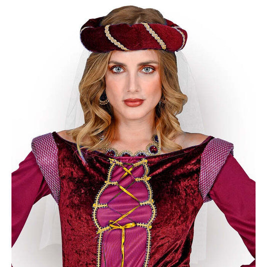 Burgundy Medieval Headdress With Veil