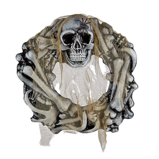 Skull & Bones Wreath With Spider And Spooky Gauze 50 Cm